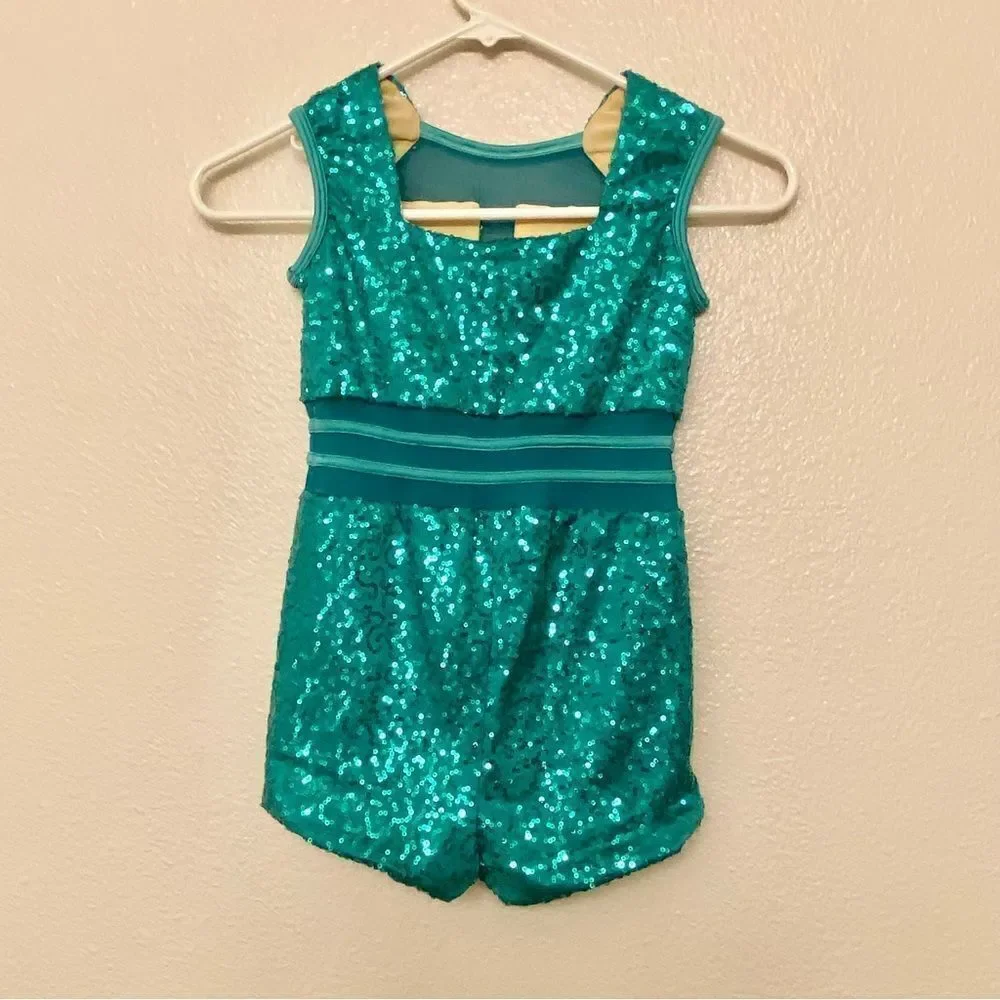 Curtain Call Dance Costume Kelly green aqua blue teal sequin J5509 CME M